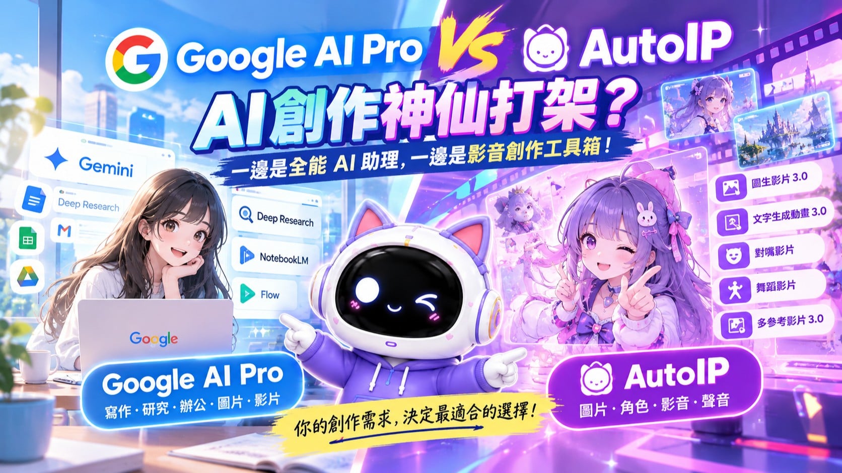 Google AI Pro vs AutoIP！AI創作神仙打架？一邊是全能 AI 助理，一邊是影音創作工具箱！